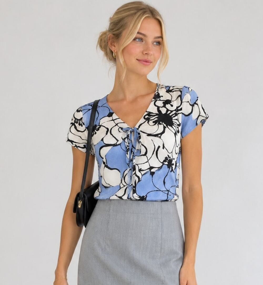 Vintage Silk Floral Crinkle Blouse Y2K Blue White Black Sz Small